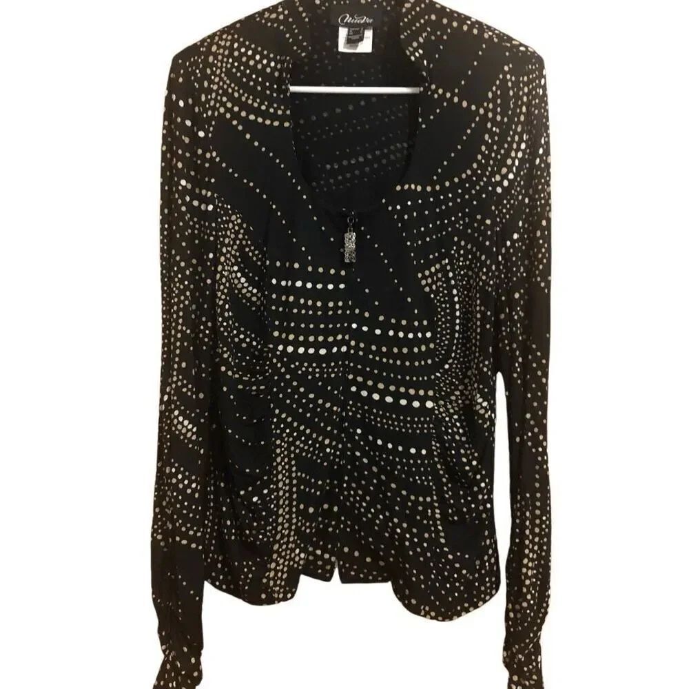NueVa Women’s Size 12 Zip Up Long Sleeve Black Dotted Print Tunic Top VTG